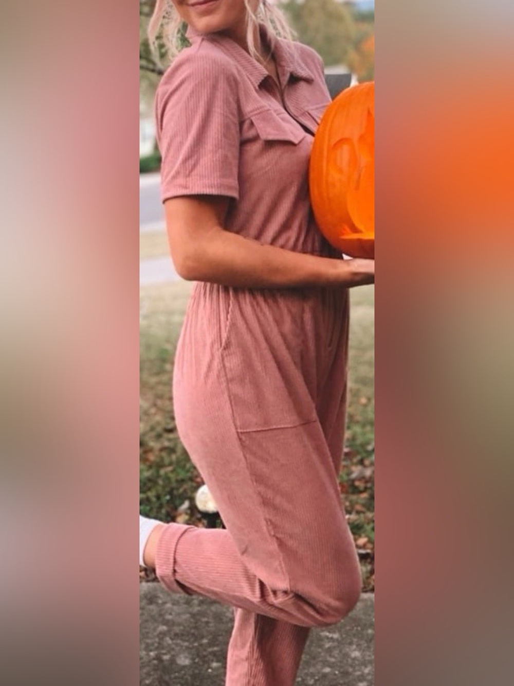 Women’s Dusty Rose Ribbed Short-Sleeve utility Jumpsuit size Small with pockets